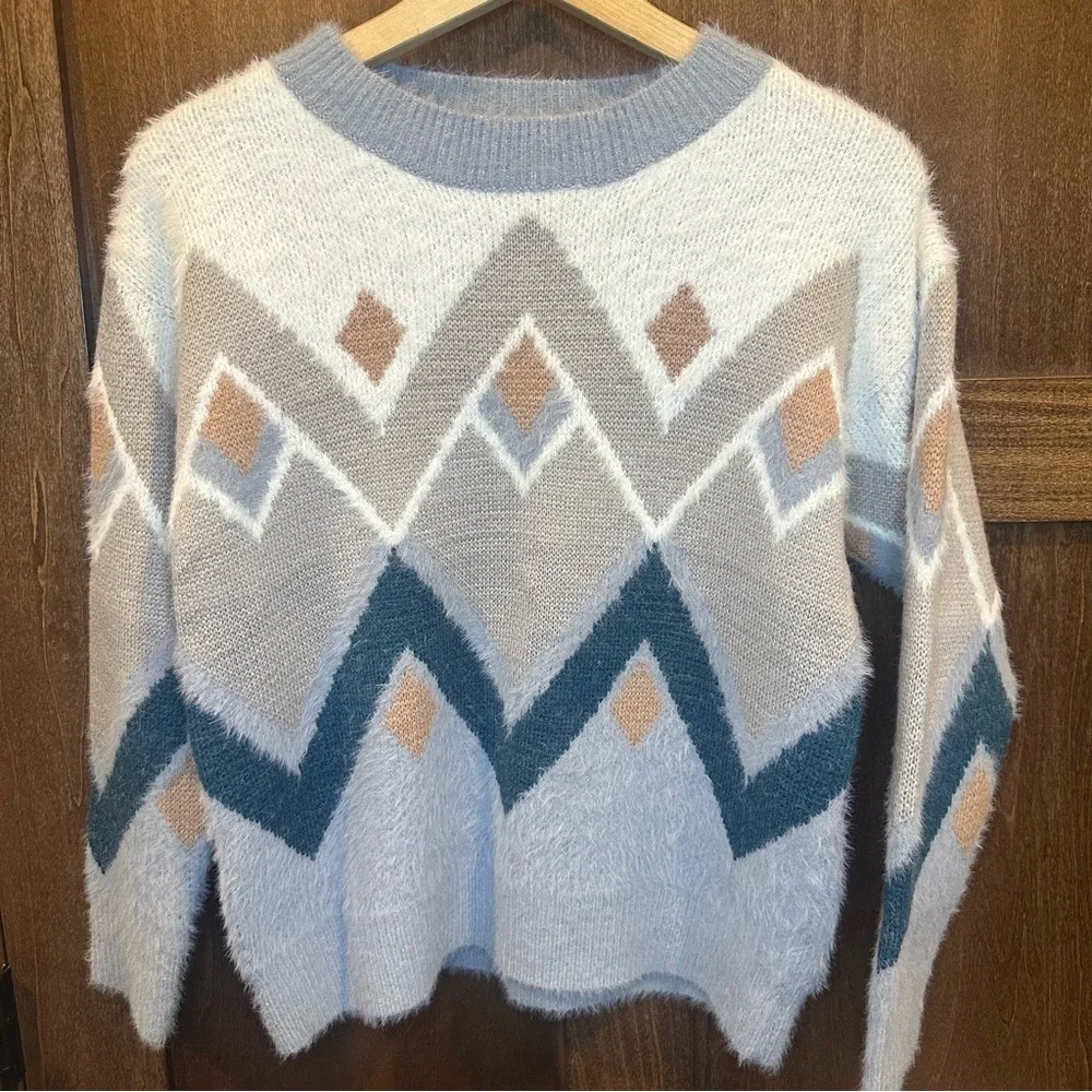 Bohme Rolanda Fur Chevron Color Block Crewneck Sweater - Picture 1 of 5